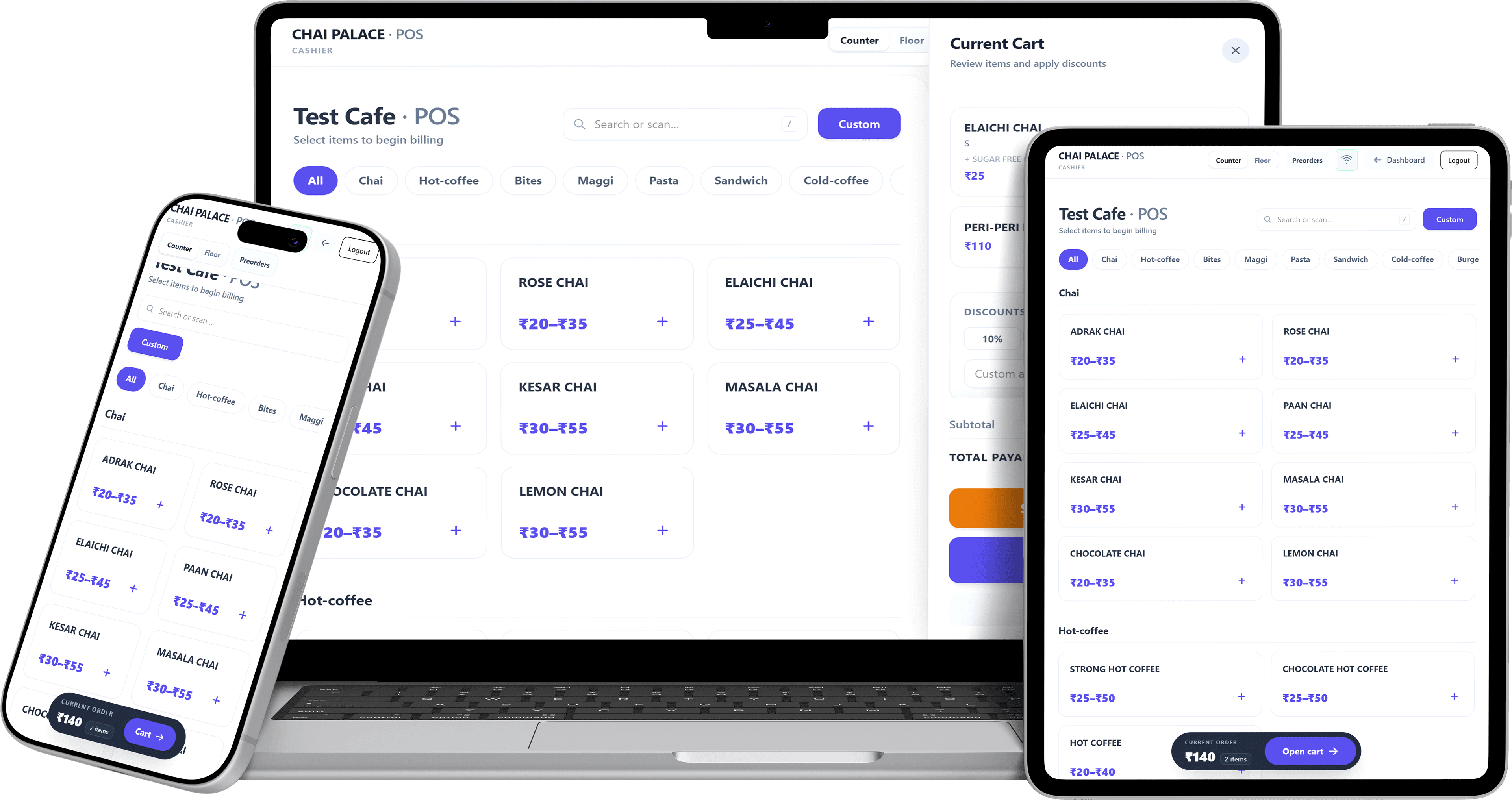 Tech Byte POS billing interface on a laptop, tablet, and phone